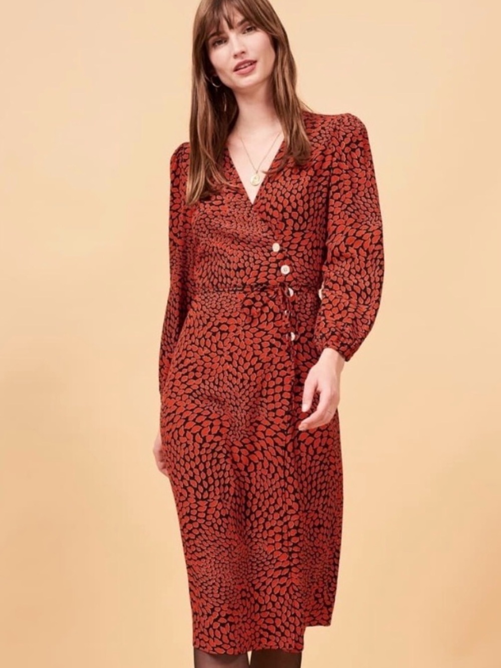 Rouje Paris Gabin Red Lips Kiss Long Sleeve Wrap Midi Dress Size 38 NWOT